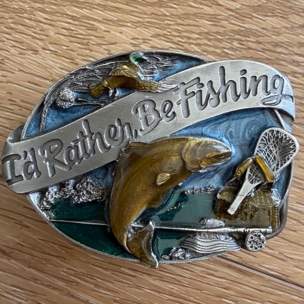 Vintage 1985 Siskiyou Buckle Co Id Rather Be Fishing Pewter Belt Buckle M-30